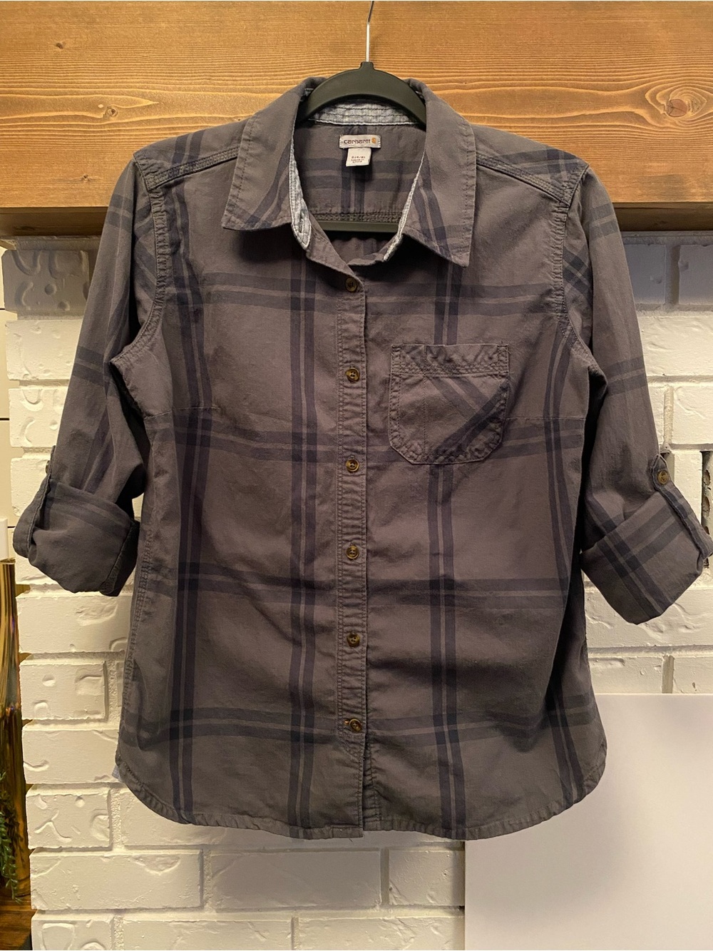 Carhartt 100% Cotton Women’s Plaid Button Up Shirt Roll Tab Sleeves Grey Small